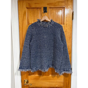 The Fold London Metallic Tweed Textured Fringe Hem Sweater Top Navy Women’s M